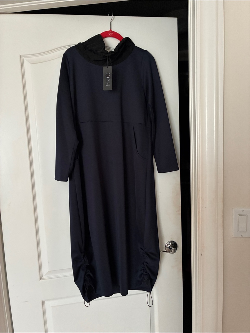 Comfy USA Dark Navy Long Sleeve Midi Dress with Drawcord Hem